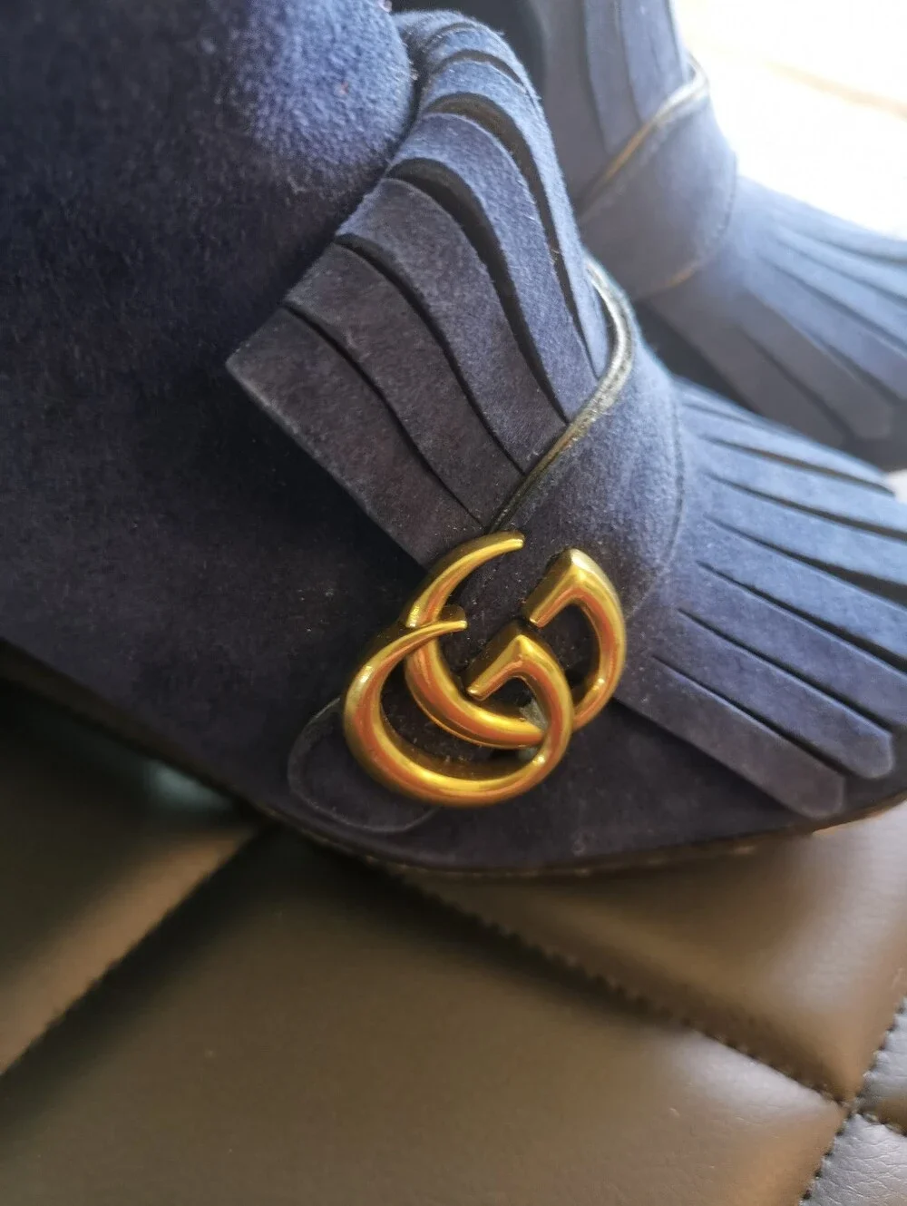 GUCCI Blue Suede Marmont Fringe GG Mid-Heel Ankle Boots Size 37 US 6.5/7